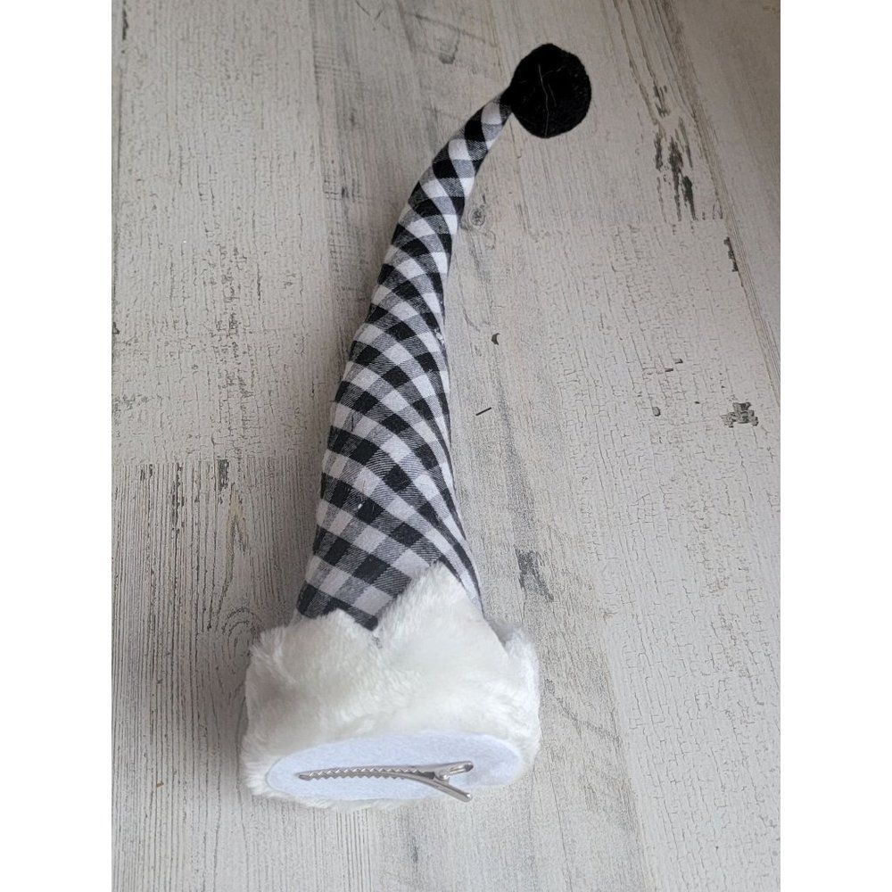 Clip on black white plaid long elf hat accessory ornament xmas decor‎